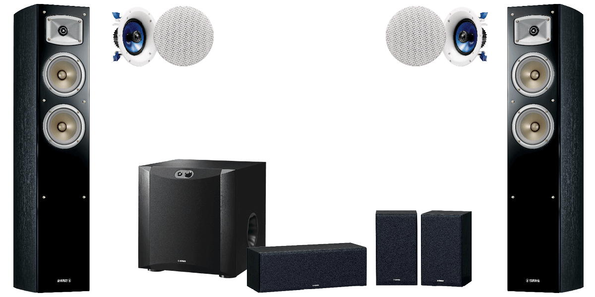 Home theatre speaker package YAMAHA NSF330 SURROUND SPEAKER PACK 5.1.2 NSF330B mains, NSP350B Centre and Rears, NSSW300 Subwoofer, and InCeiling Speakers for Dolby Atmos